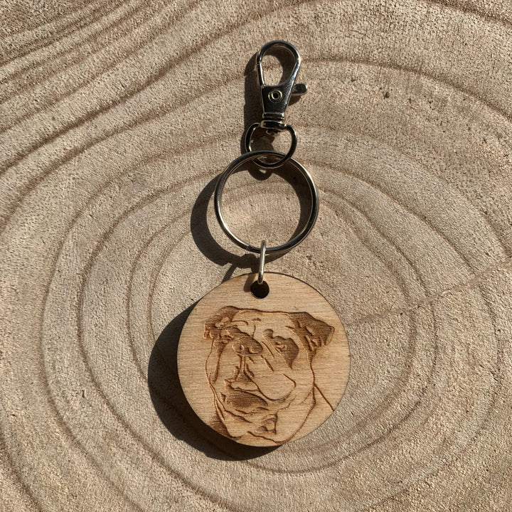British Bulldog Face Engraved Wooden Keyring