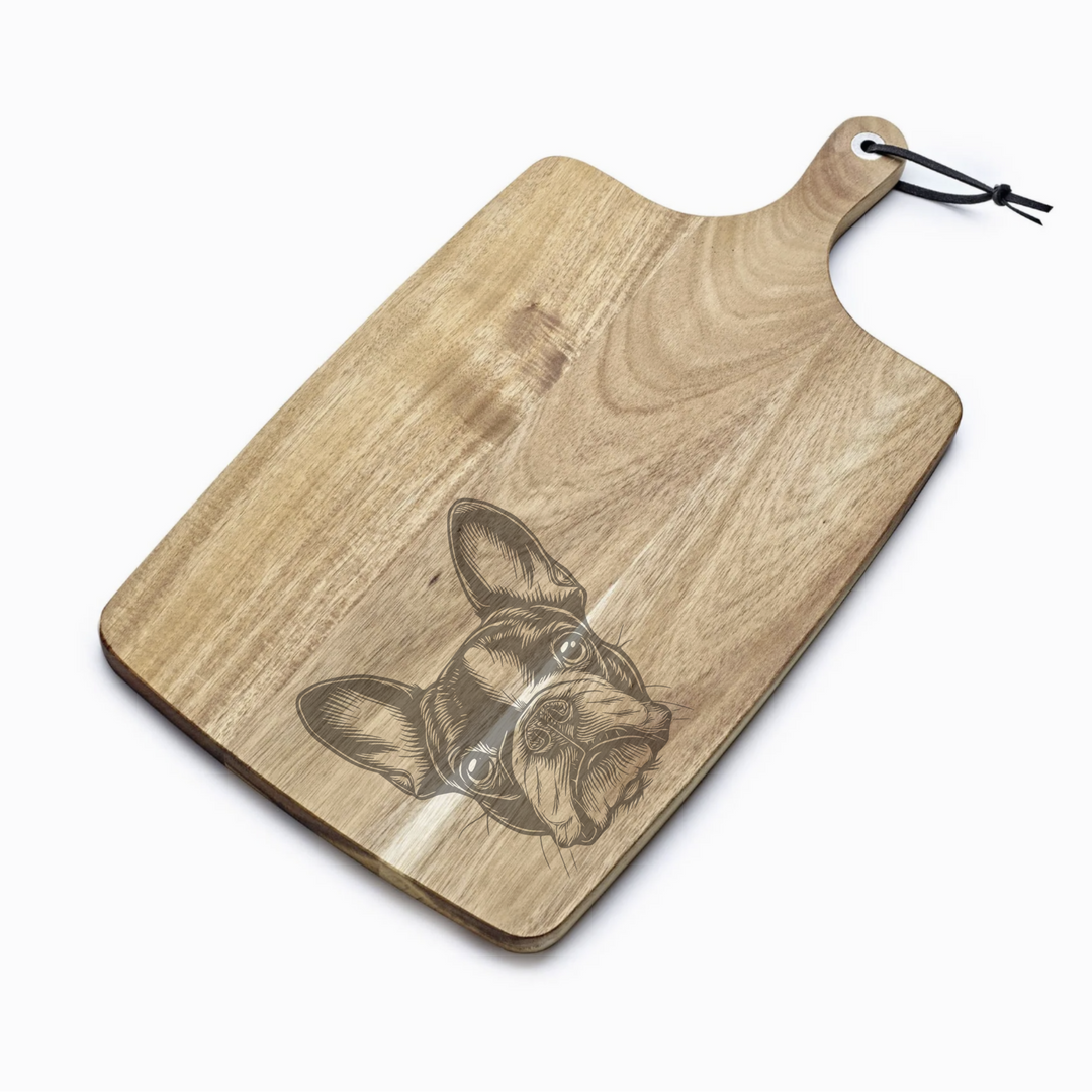 Personalised Boston Terrier Face Engraved Acacia Serving Board