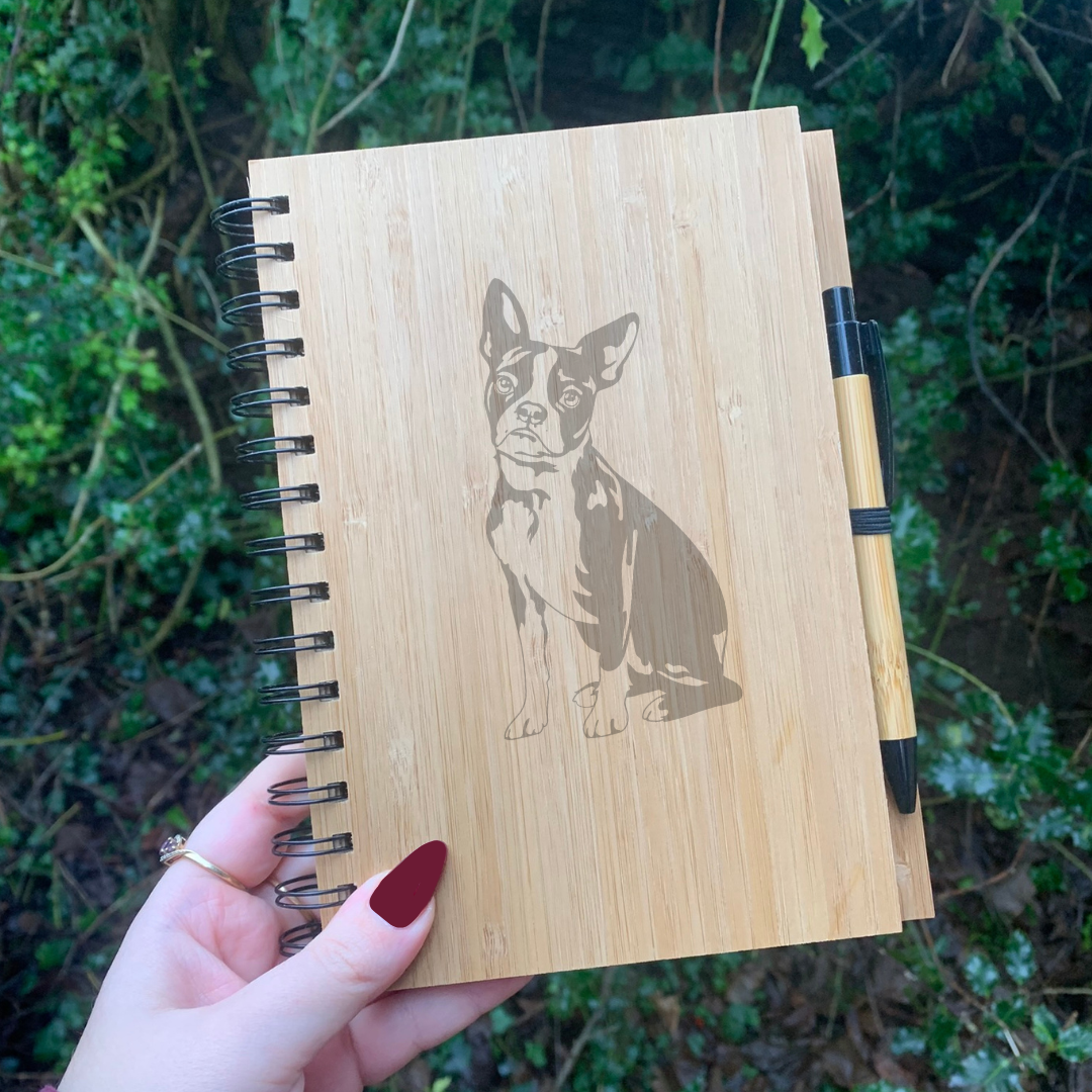 Boston Terrier Sitting Illustration Engraved Notebook