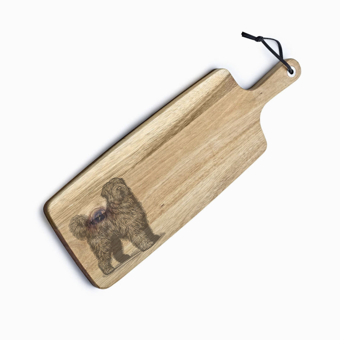 Personalised Standing Bouvier Des Flandres Engraved Acacia Serving Board