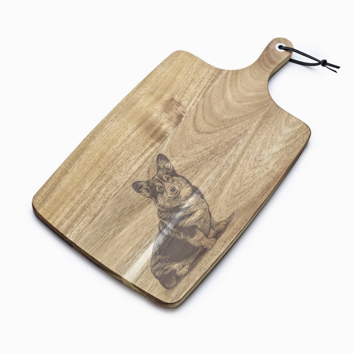 Personalised Sitting Cardigan Corgi Engraved Acacia Serving Board