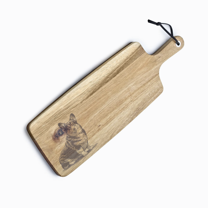 Personalised Sitting Cardigan Corgi Engraved Acacia Serving Board