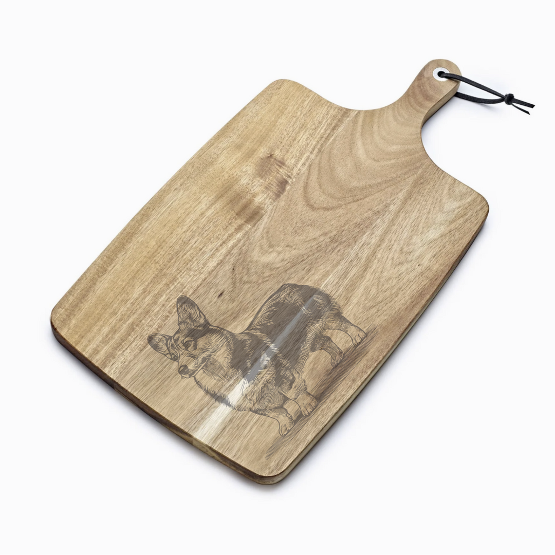 Personalised Standing Cardigan Corgi Engraved Acacia Serving Board