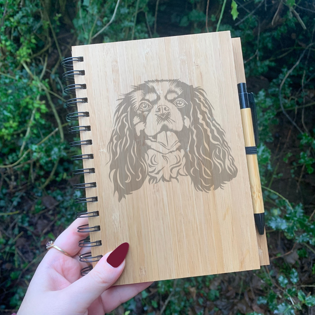 King Charles Cavalier Face Illustration Engraved Notebook