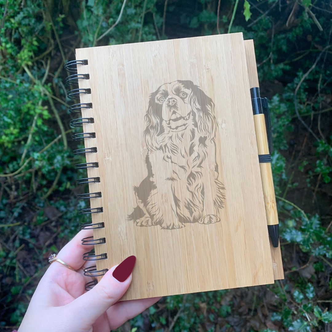 King Charles Cavalier Sitting Illustration Engraved Notebook