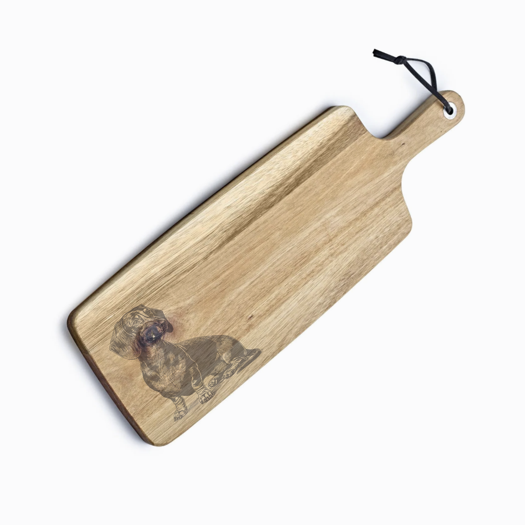Personalised Sitting Dachshund Engraved Acacia Serving Board