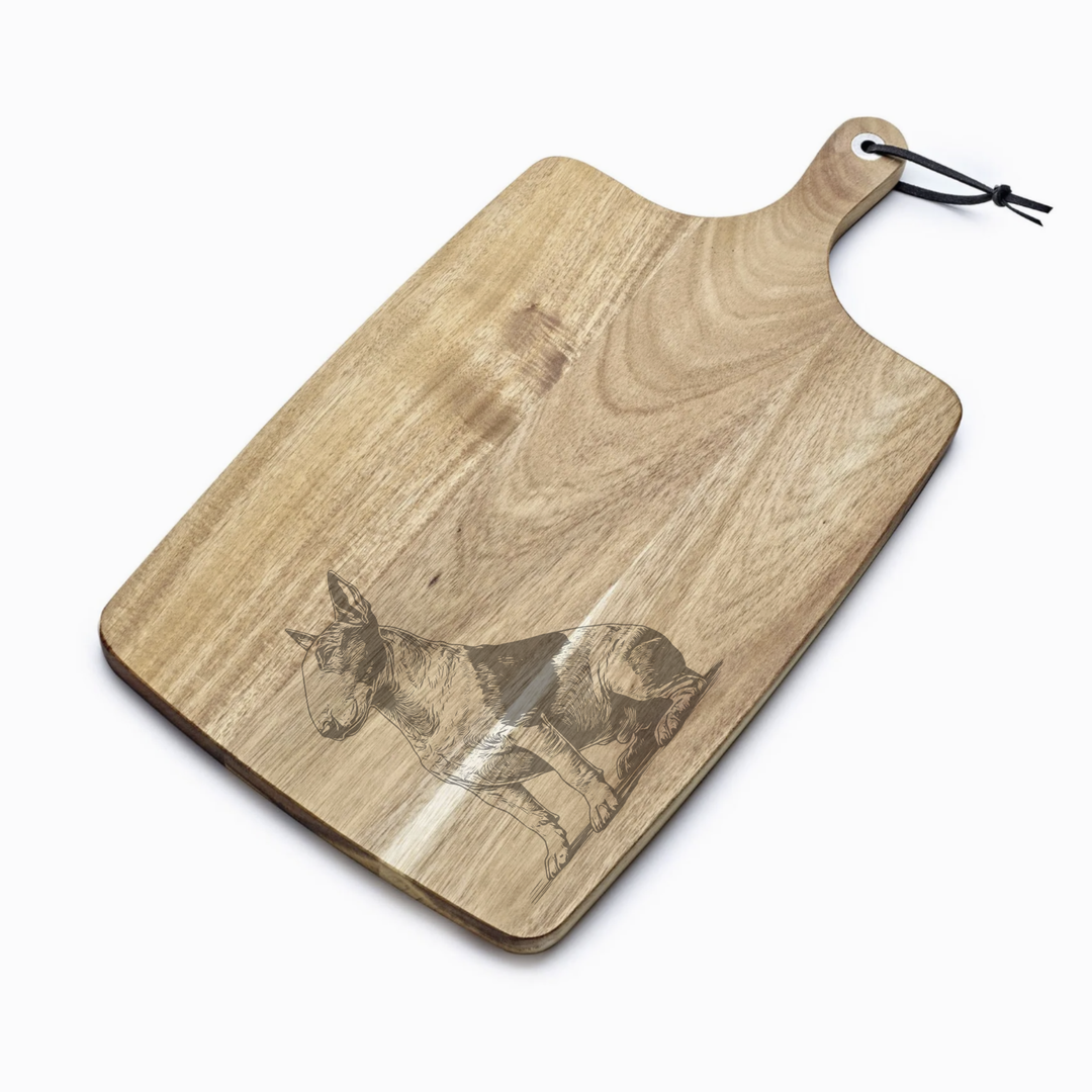 Personalised Sitting English Bull Terrier Engraved Acacia Serving Board