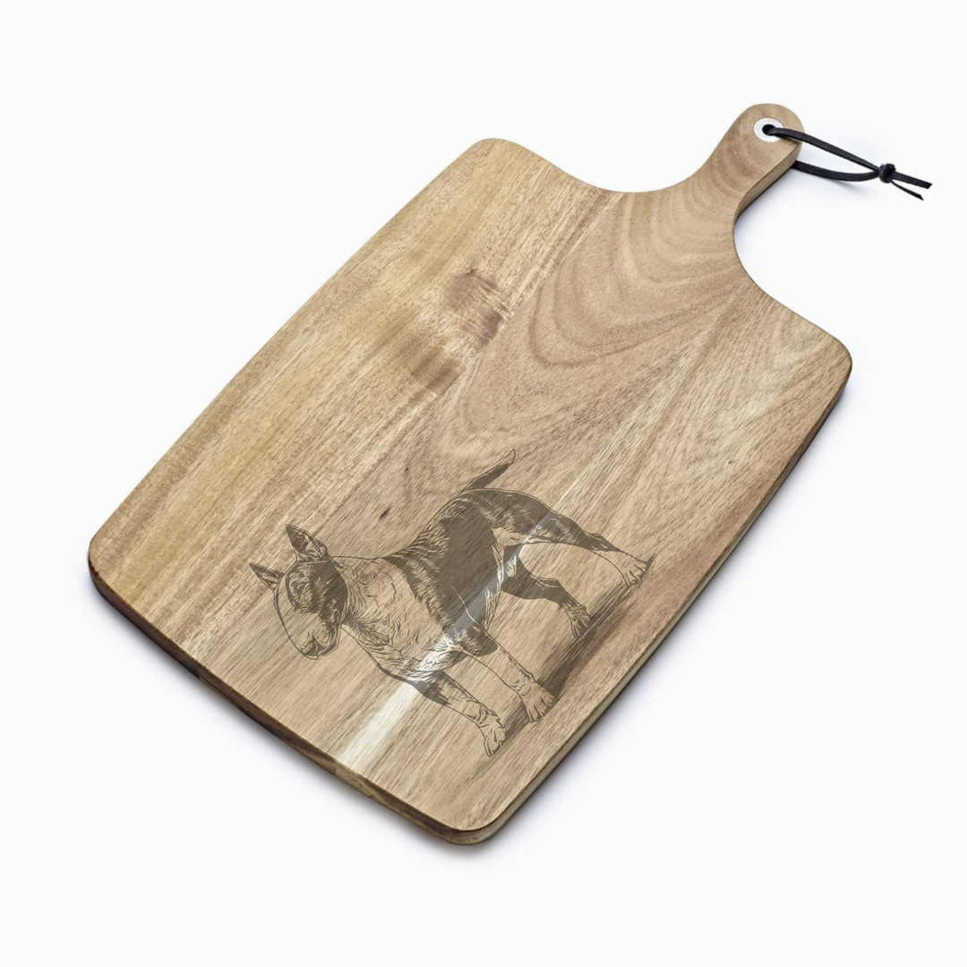 Personalised Standing English Bull Terrier Engraved Acacia Serving Board