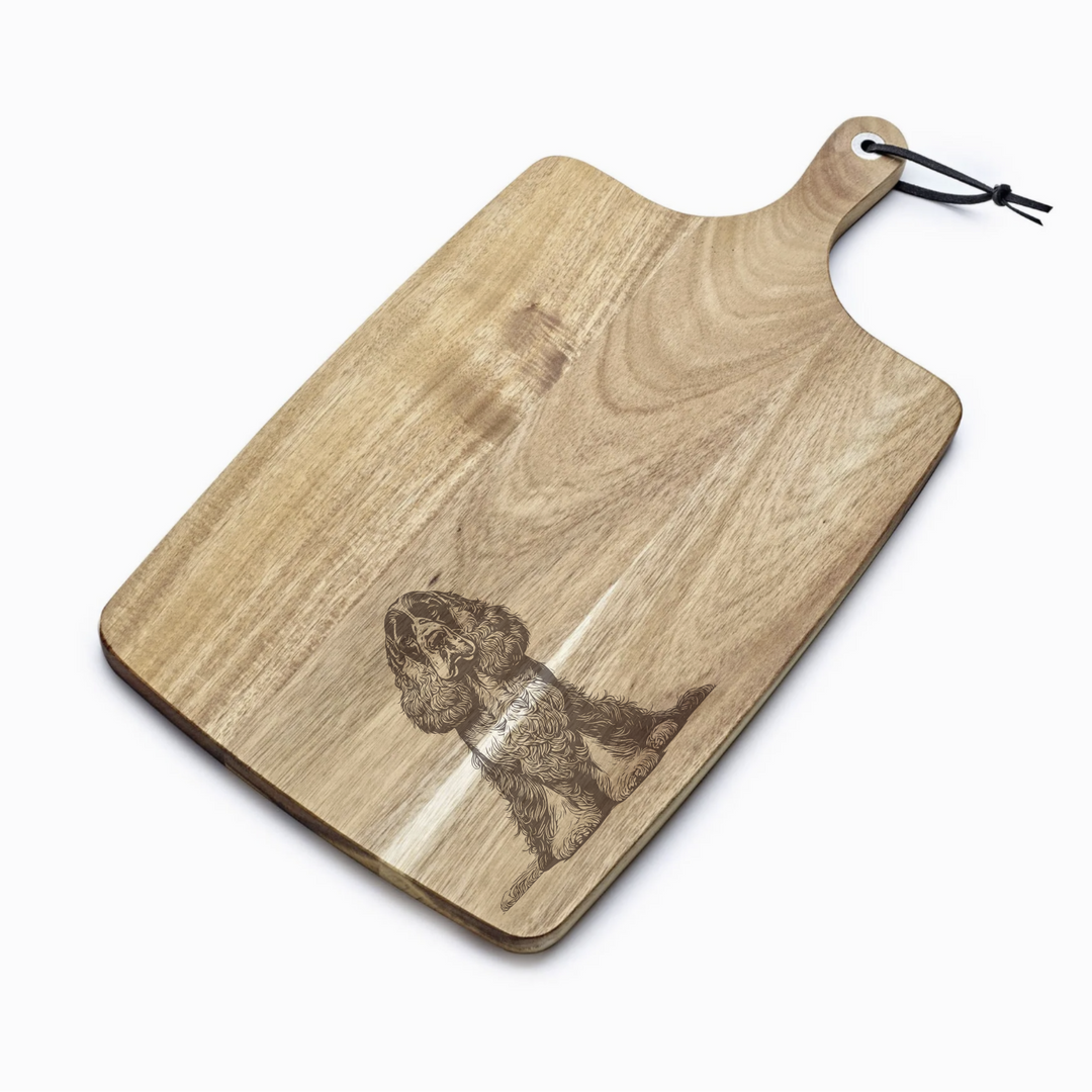 Personalised Sitting English Cocker Spaniel Engraved Acacia Serving Board