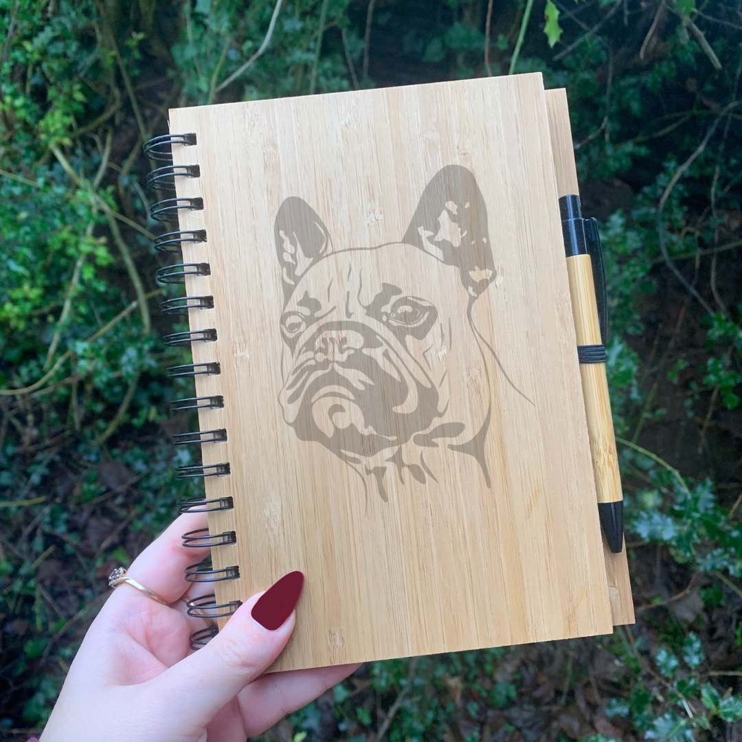 French Bulldog Face Illustration Engraved Notebook