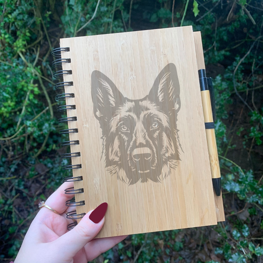 German Shepherd Alsatian Dark Face Illustration Engraved Notebook