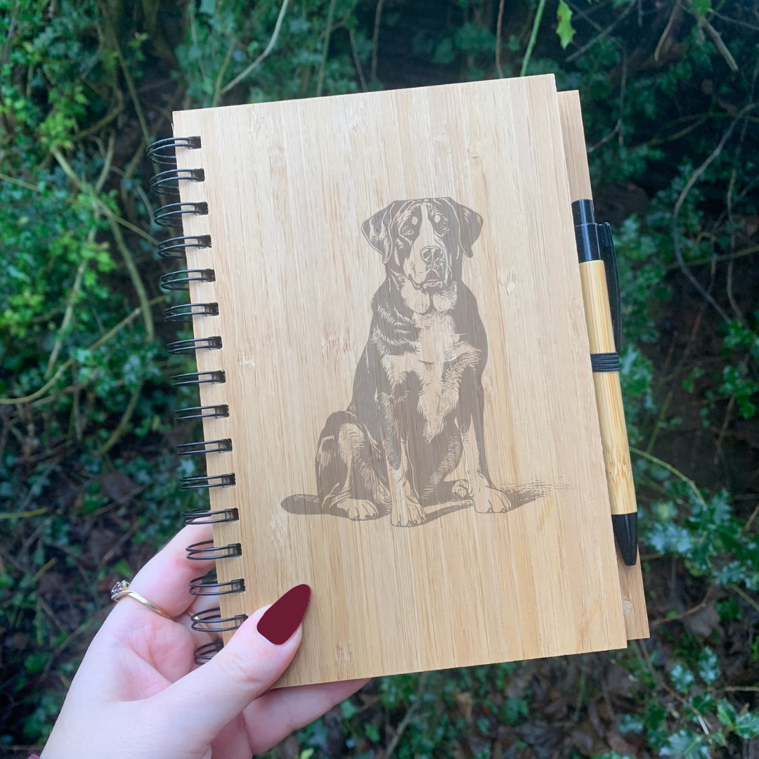 Great Swiss Mountain Dog Sitting Illustration Engraved Notebook