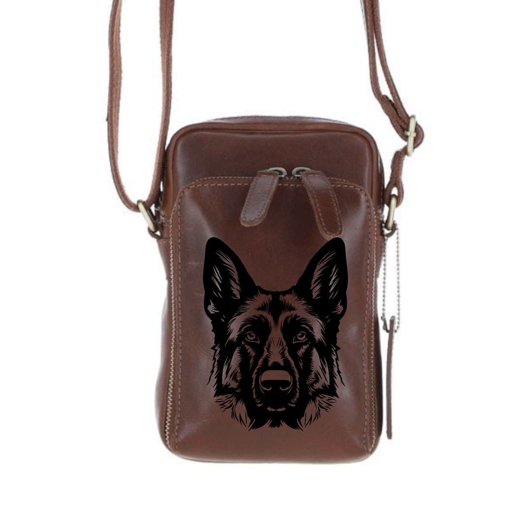 Personalised Dark Alsatian German Shepherd Leather Compact Crossbody Bag