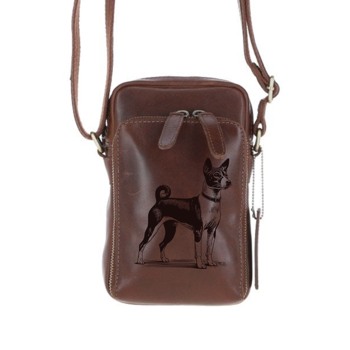 Personalised Basenji Standing Leather Compact Crossbody Bag