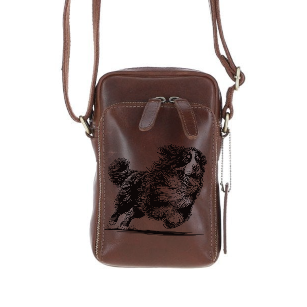 Personalised Bernese Mountain Dog Running Leather Compact Crossbody Bag