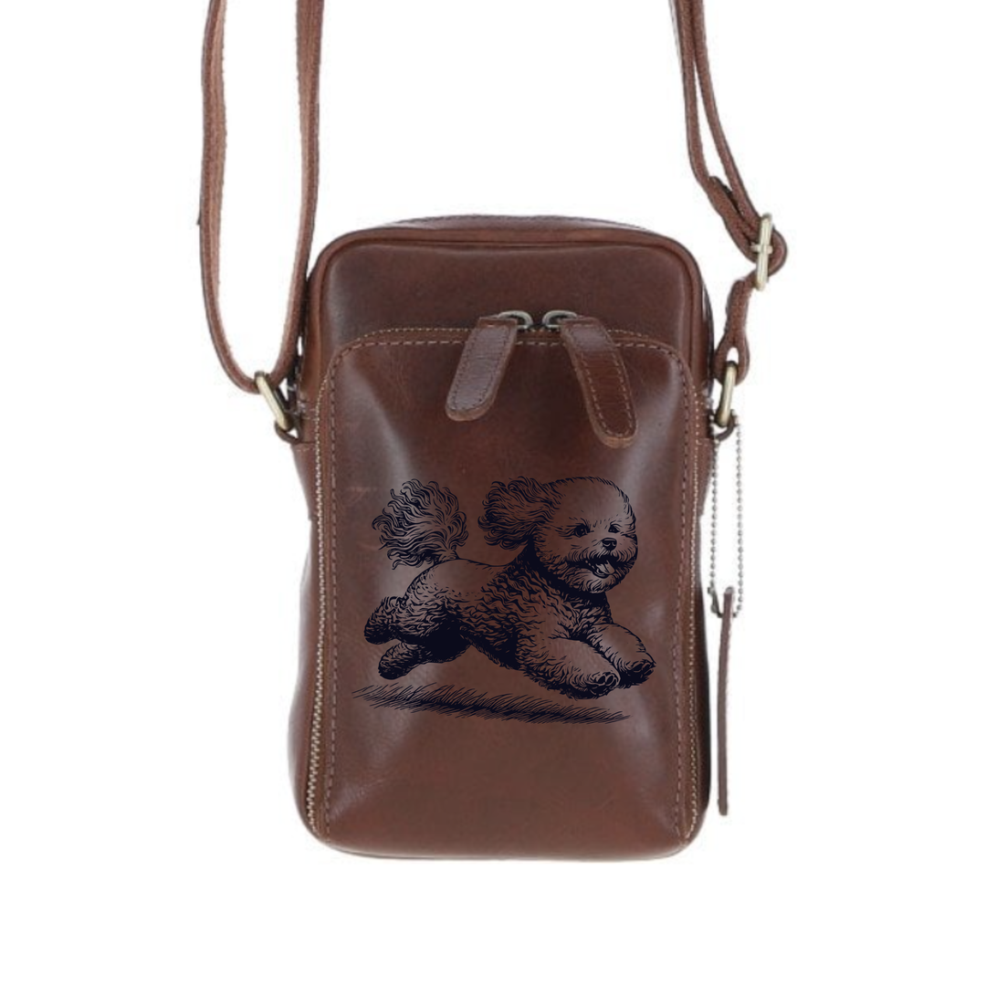 Personalised Bichon Frise Running Leather Compact Crossbody Bag
