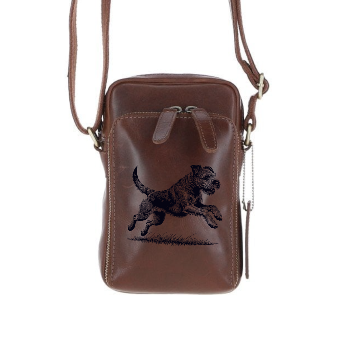 Personalised Border Terrier Running Leather Compact Crossbody Bag