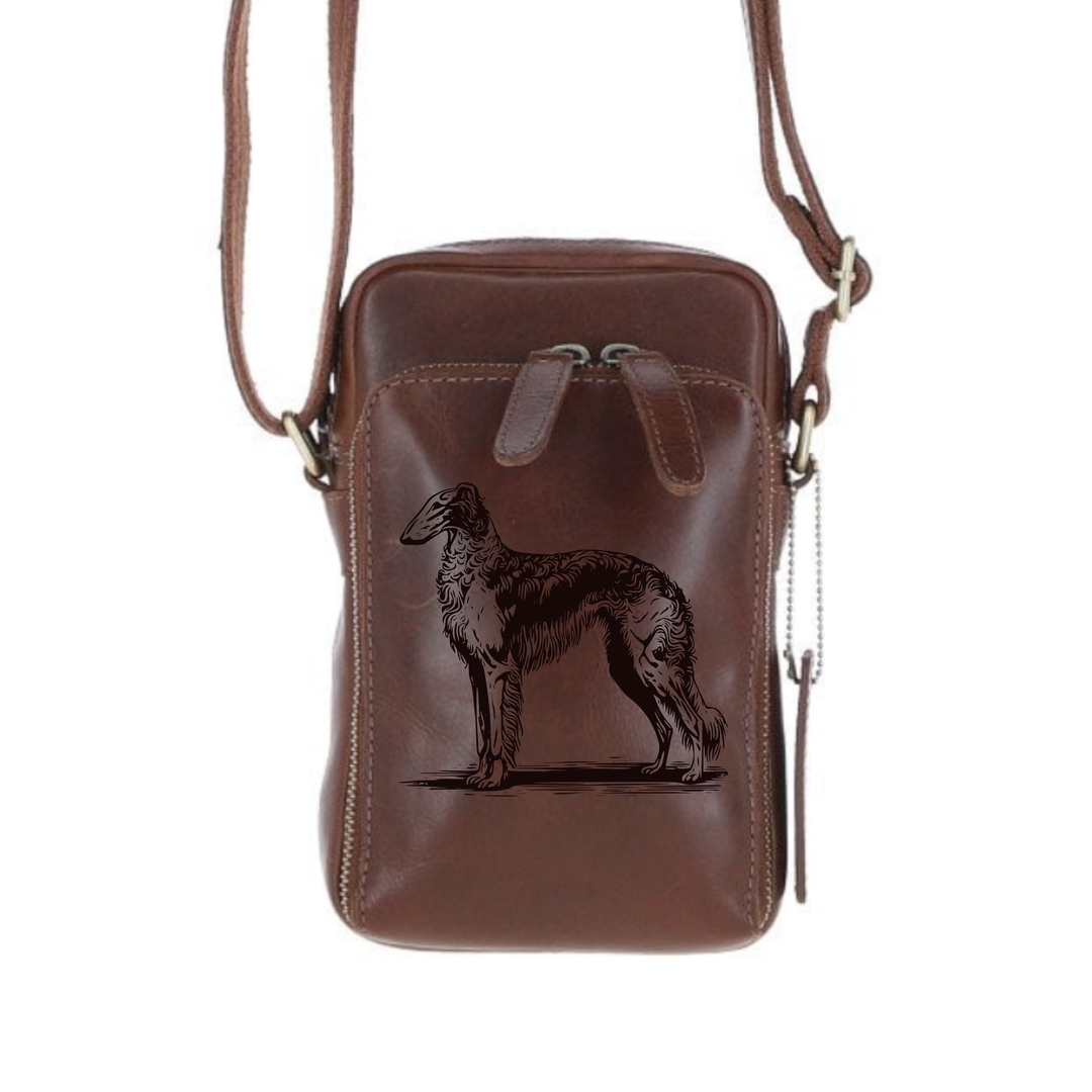 Personalised Borzoi Standing Leather Compact Crossbody Bag