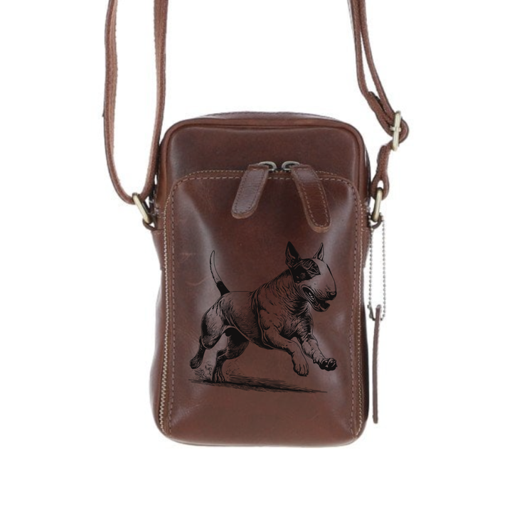Personalised English Bull Terrier Running Leather Compact Crossbody Bag