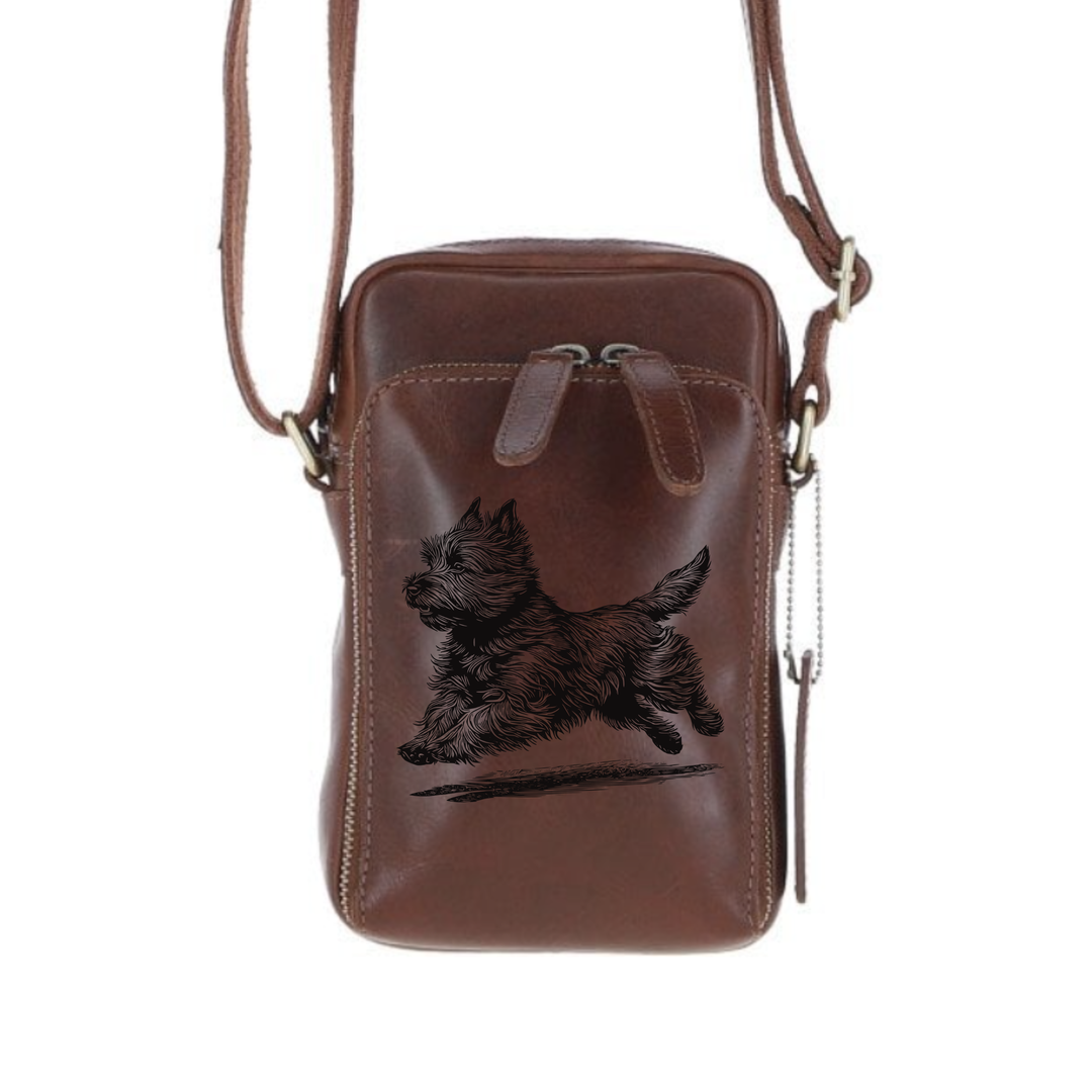 Personalised Cairn Terrier Running Leather Compact Crossbody Bag