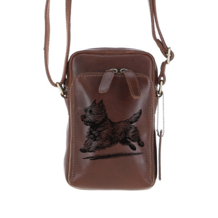 Personalised Cairn Terrier Running Leather Compact Crossbody Bag