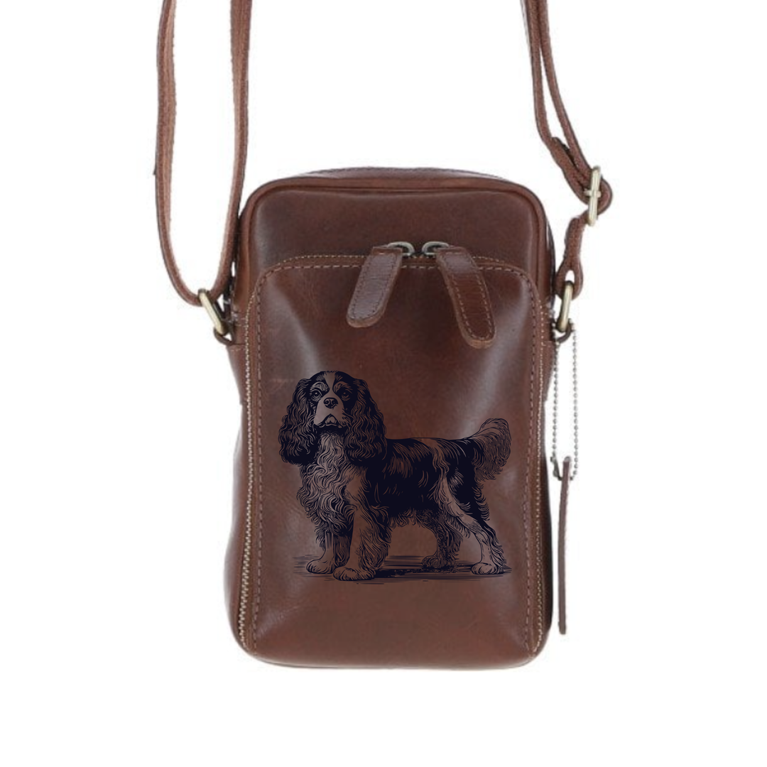 Personalised King Charles Cavalier Spaniel Standing Leather Compact Crossbody Bag