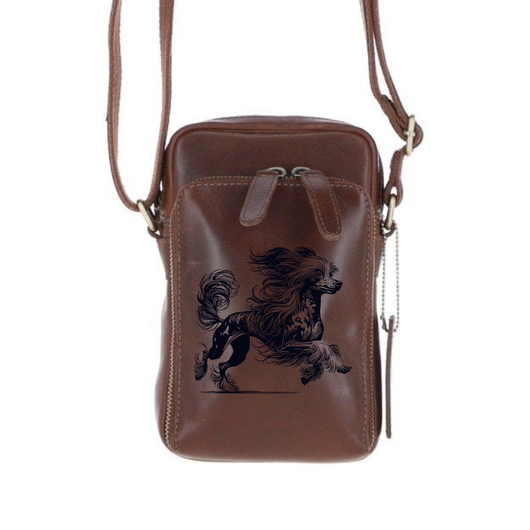 Personalised Chinese Crested Dog Running Leather Compact Crossbody Bag
