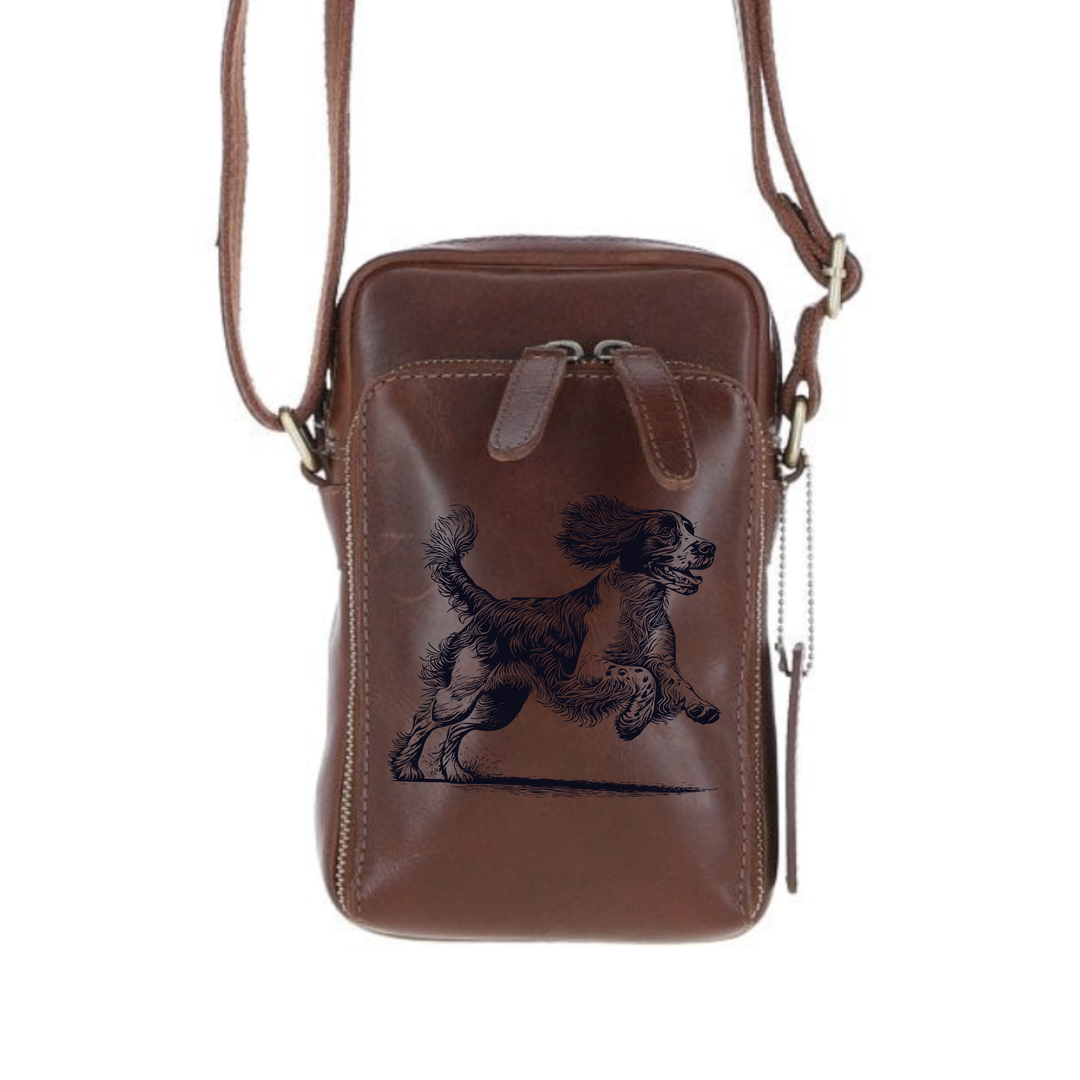 Personalised English Springer Spaniel Running Leather Compact Crossbody Bag
