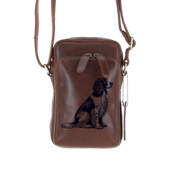 Personalised English Springer Spaniel Sitting Leather Compact Crossbody Bag