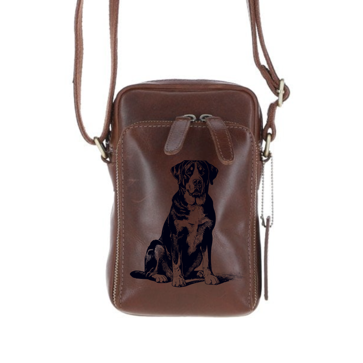 Personalised Great Swiss Mountain Dog Sitting Leather Compact Crossbody Bag
