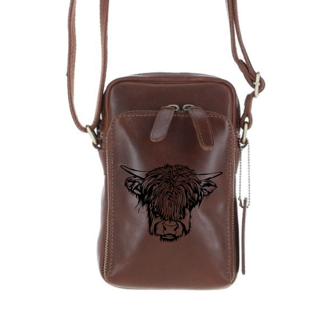 Personalised Highland Cow Face Leather Compact Crossbody Bag