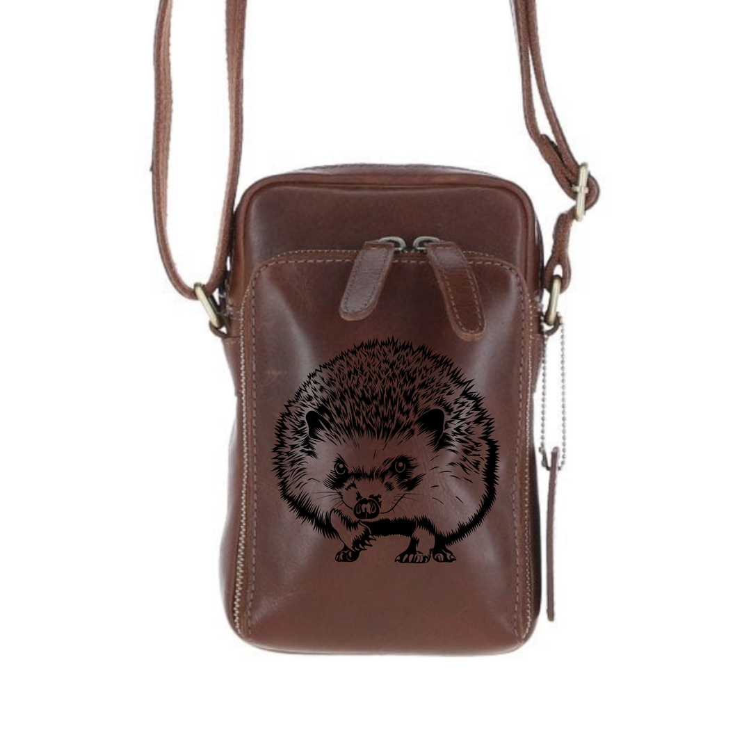 Personalised Hedgehog Standing Leather Compact Crossbody Bag