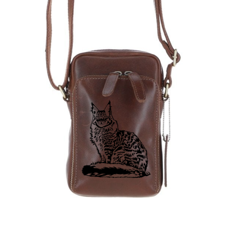 Personalised Maine Coon Cat Leather Compact Crossbody Bag