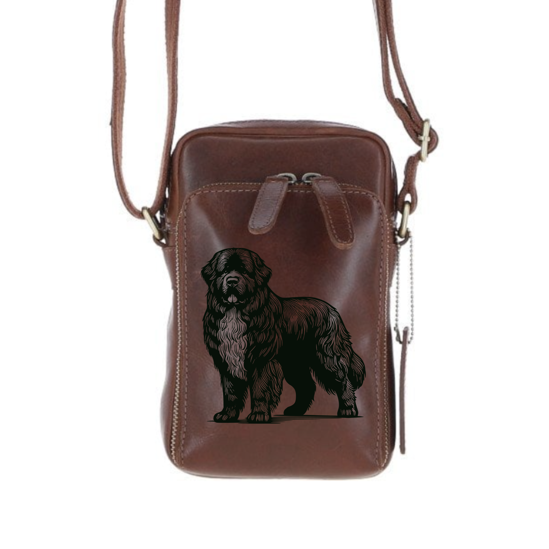 Personalised Newfoundland Standing Leather Compact Crossbody Bag