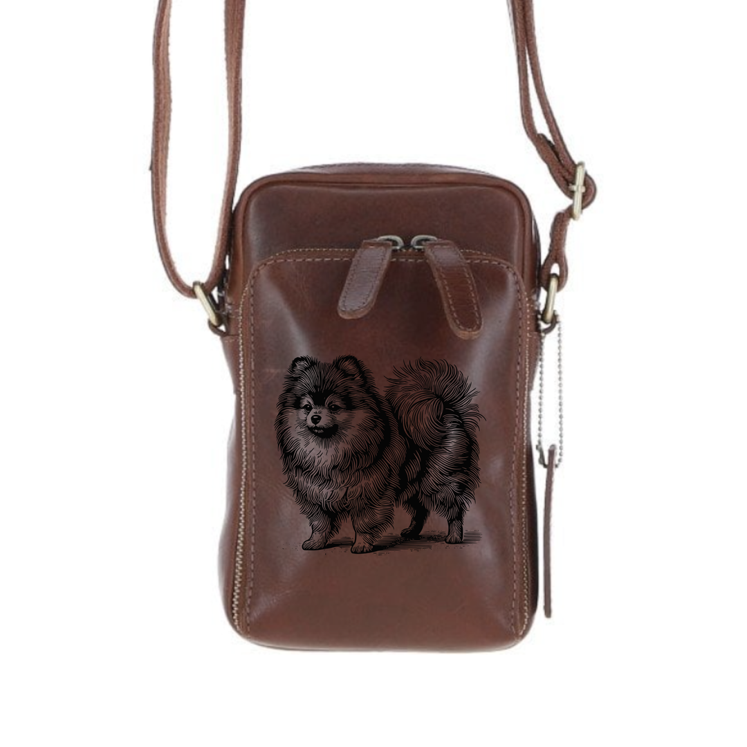 Personalised Pomeranian Standing Leather Compact Crossbody Bag