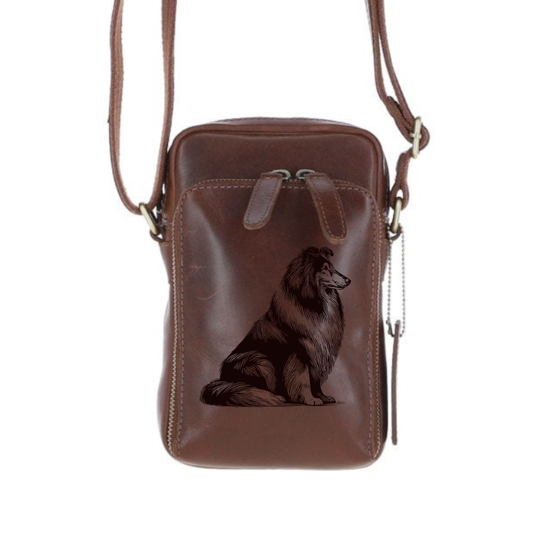 Personalised Rough Collie Sitting Leather Compact Crossbody Bag