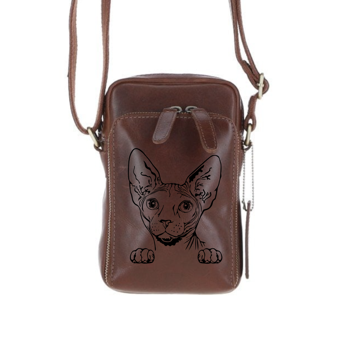 Personalised Sphynx Cat Face Leather Compact Crossbody Bag