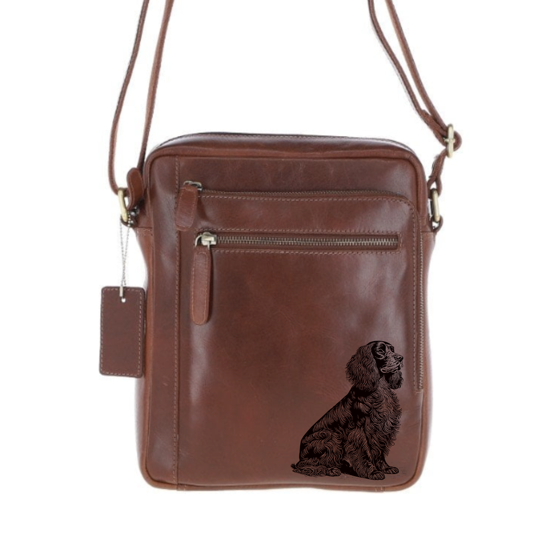 Personalised Field Spaniel Sitting Engraved Leather Crossbody Bag