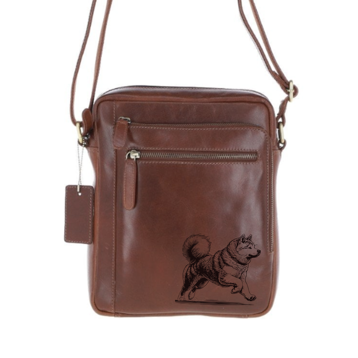 Personalised Japanese Akita-Inu Running Engraved Leather Crossbody Bag
