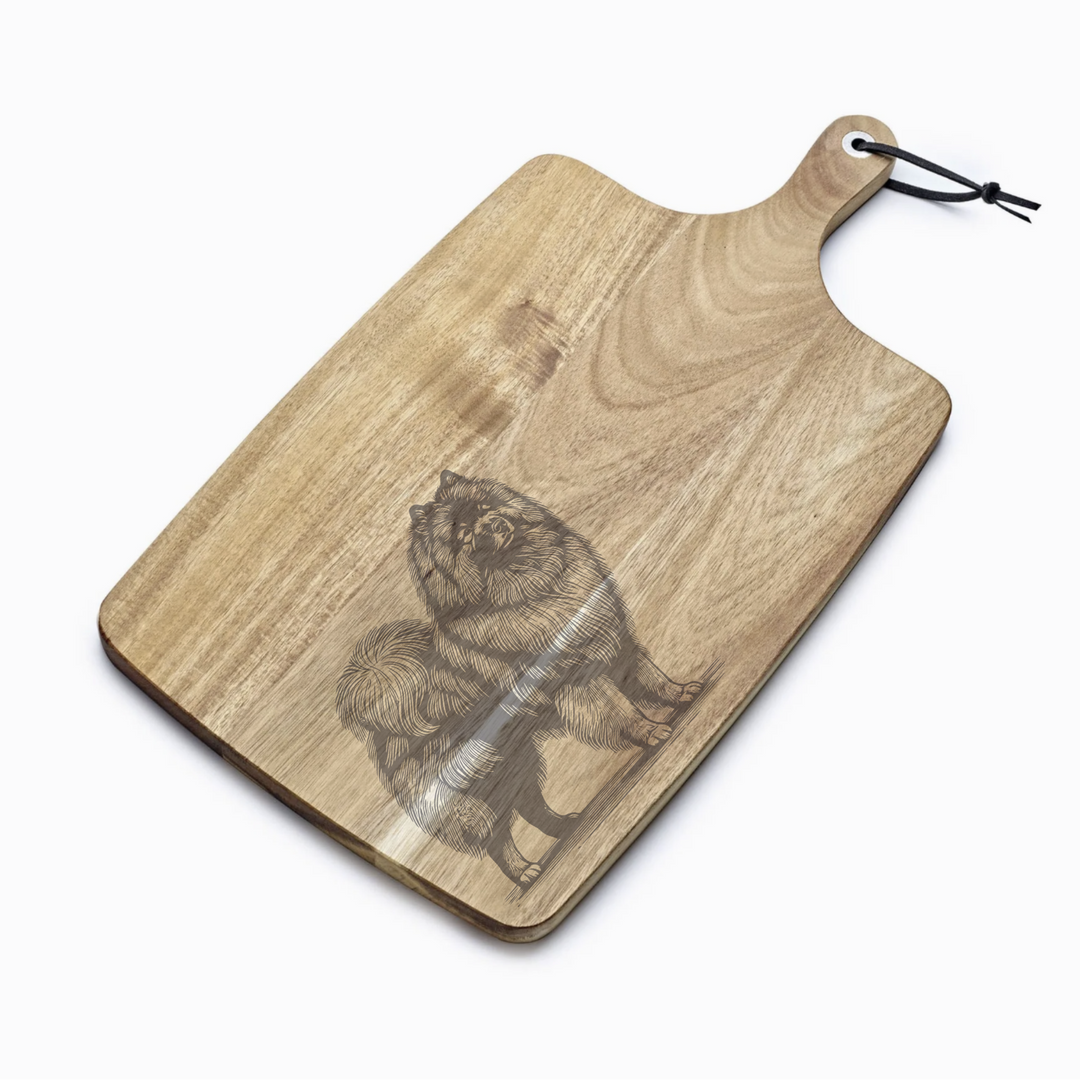 Personalised Standing Keeshond Engraved Acacia Serving Board