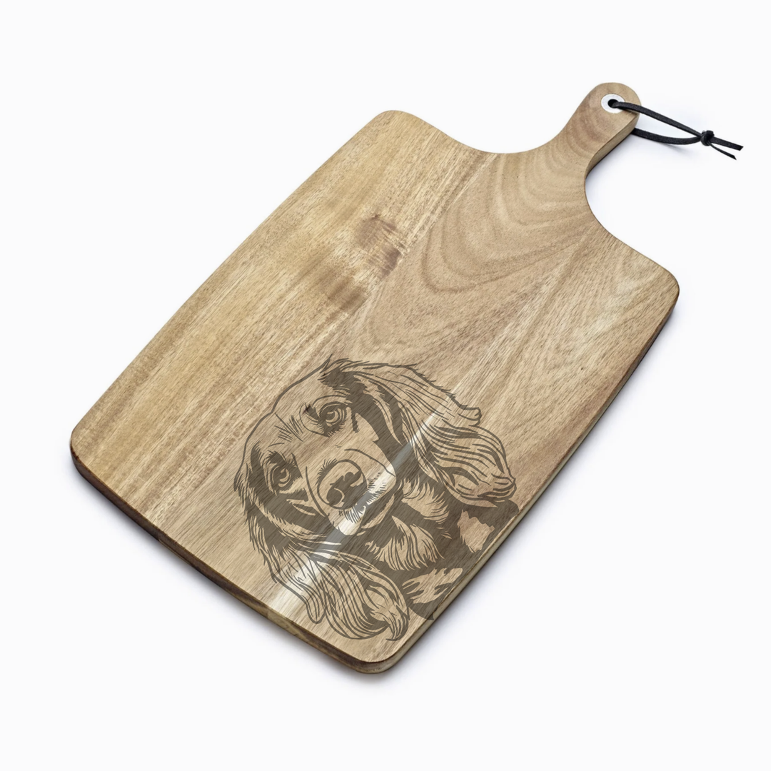 Personalised Longhaired Dachshund Engraved Acacia Serving Board