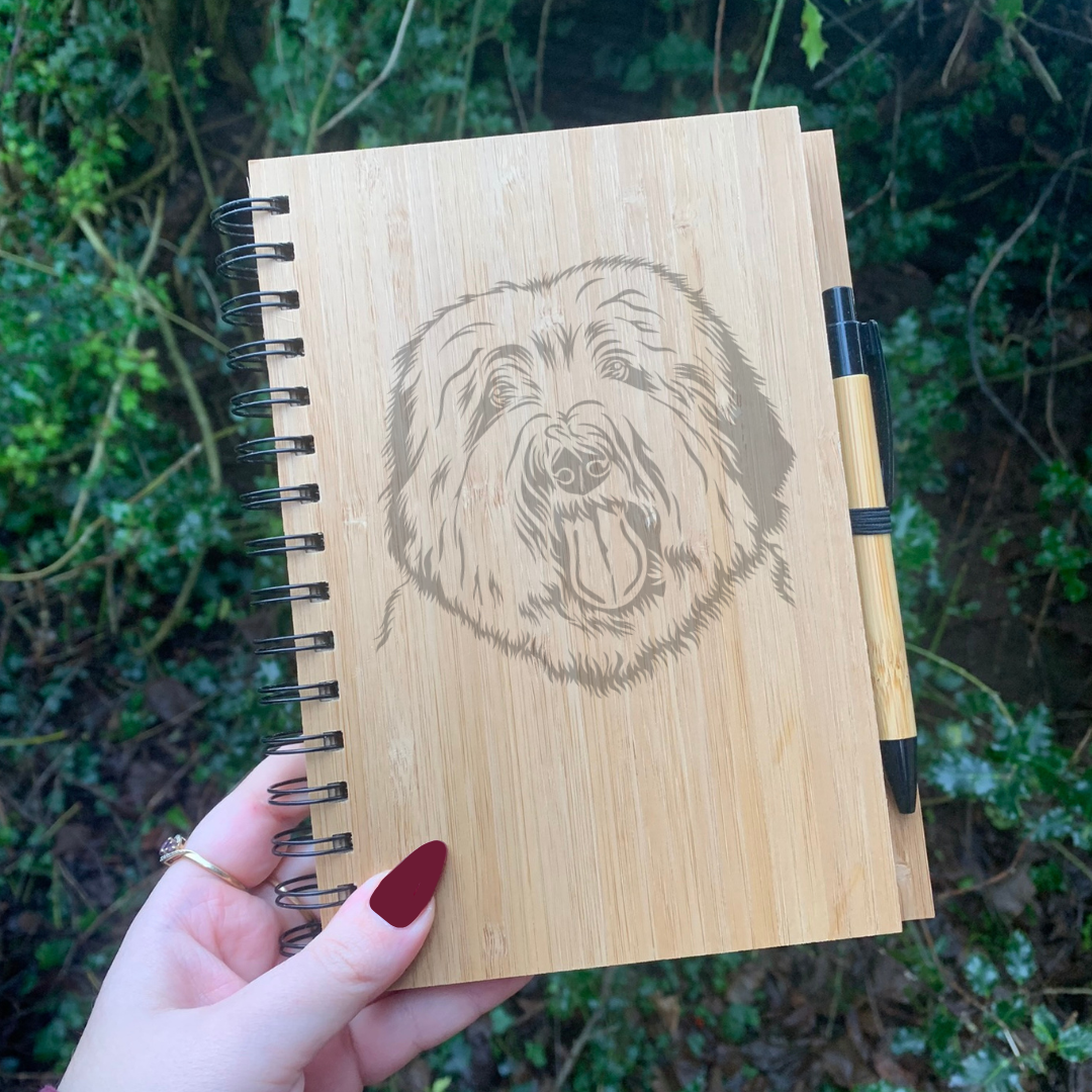 Old English Sheepdog Face Illustration Engraved Notebook