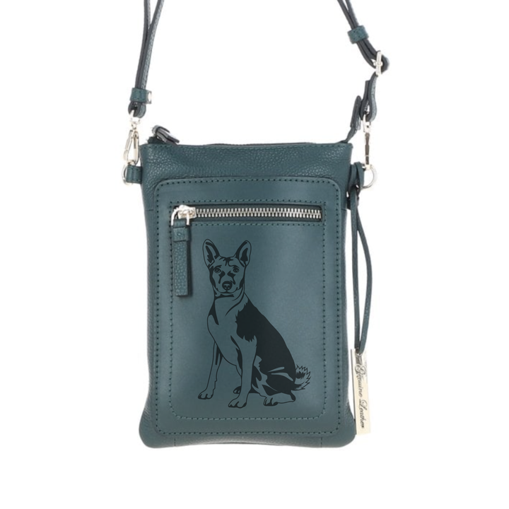 Personalised Basenji Sitting Engraved Leather Crossbody Smart Phone Bag