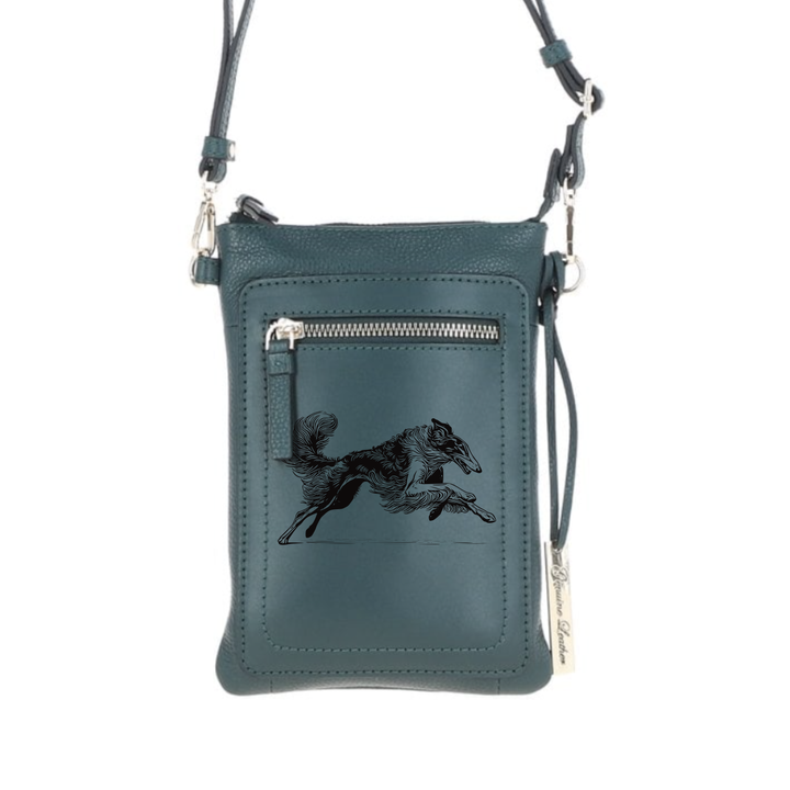 Personalised Running Borzoi Engraved Leather Crossbody Smart Phone Bag