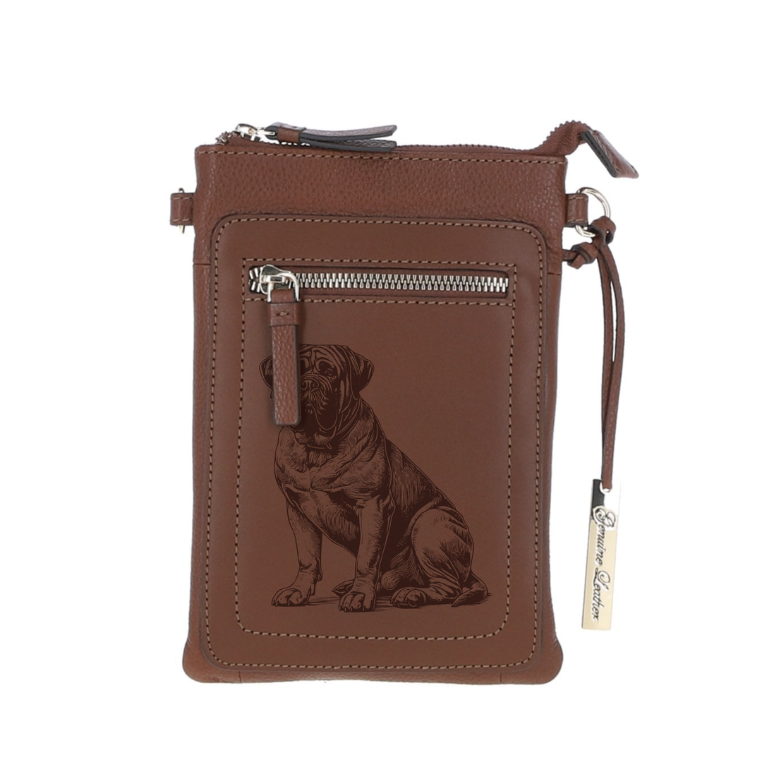 Personalised Bullmastiff Sitting Engraved Leather Crossbody Smart Phone Bag