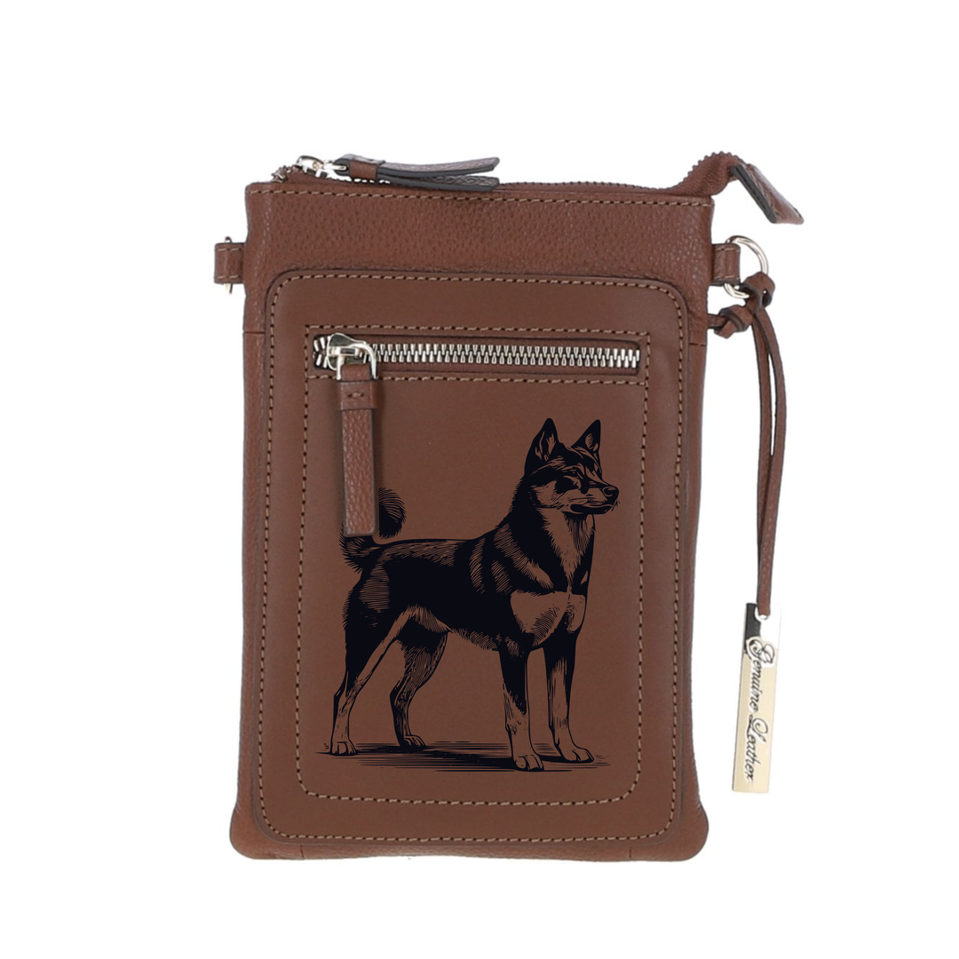 Personalised Canaan Dog Standing Engraved Leather Crossbody Smart Phone Bag