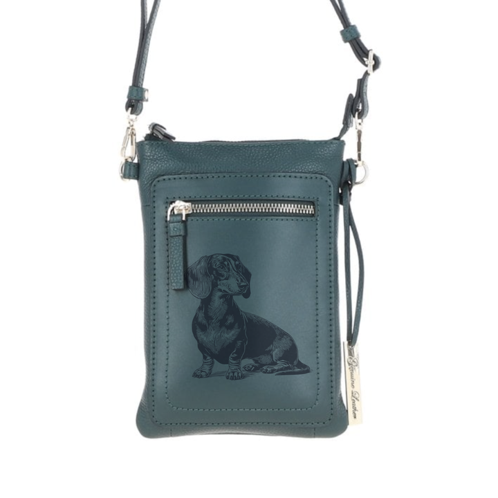 Personalised Sitting Dachshund Engraved Leather Crossbody Smart Phone Bag