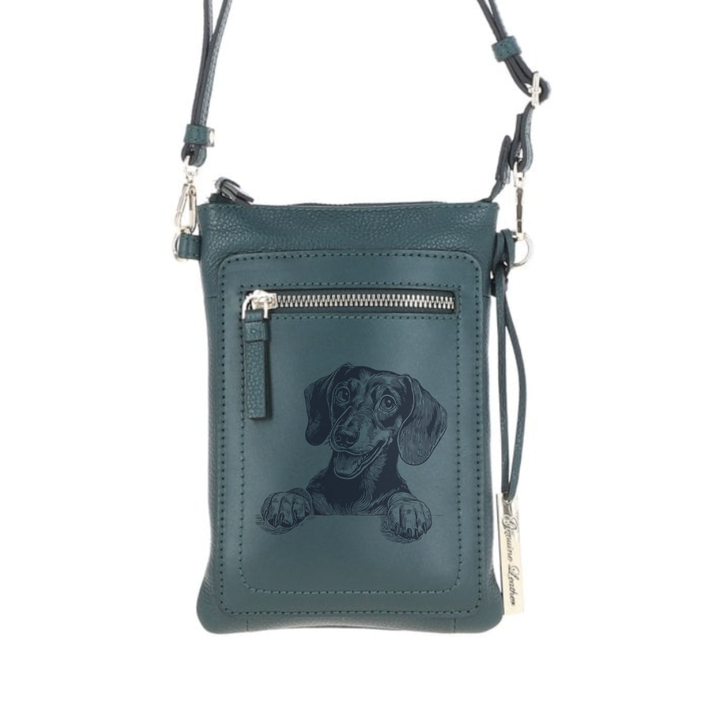 Personalised Dachshund Paws Engraved Leather Crossbody Smart Phone Bag