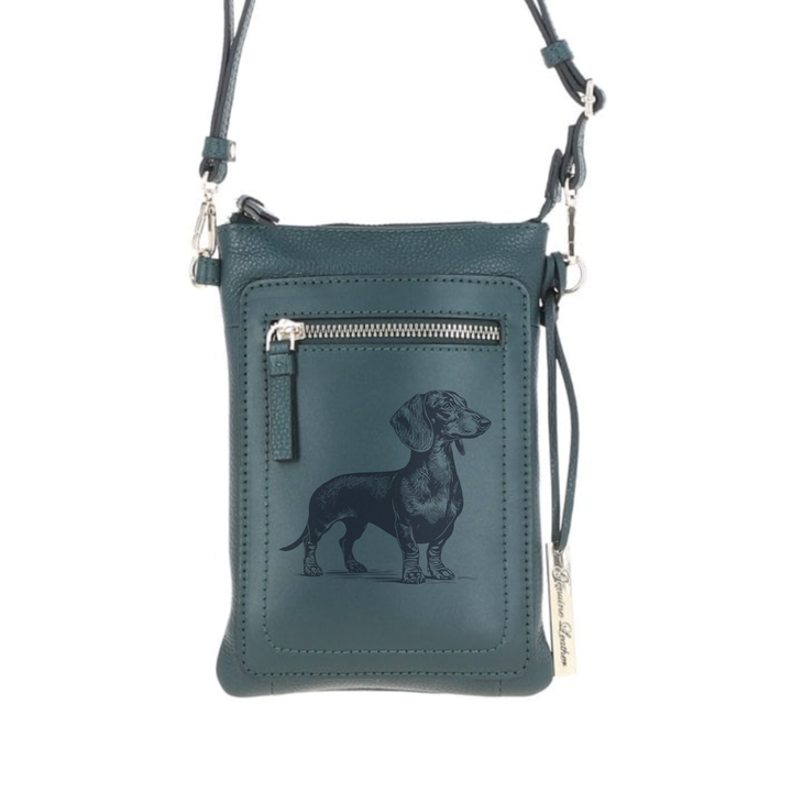 Personalised Dachshund Standing Engraved Leather Crossbody Smart Phone Bag