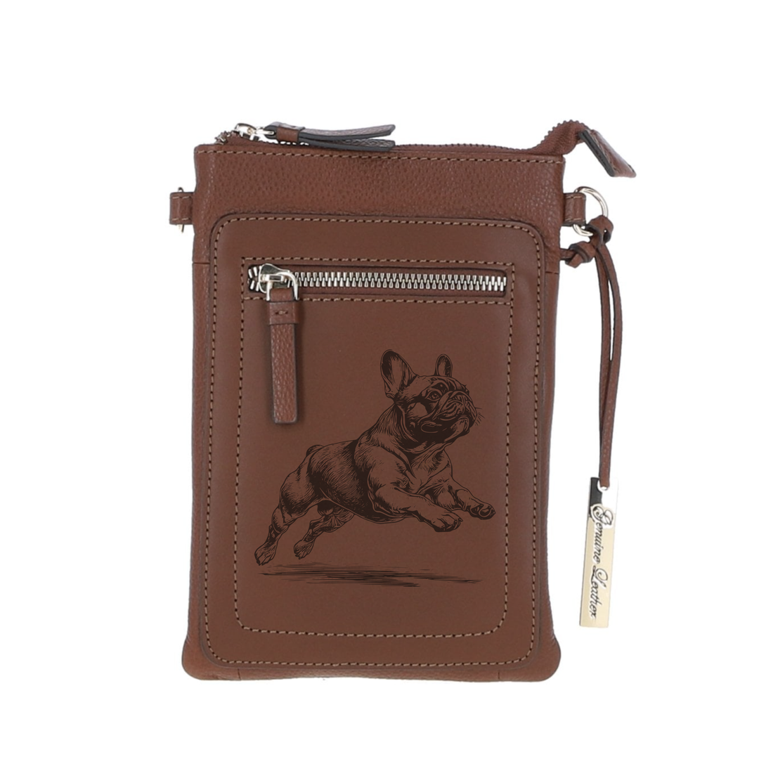 Personalised French Bulldog Running Engraved Leather Crossbody Smart Phone Bag